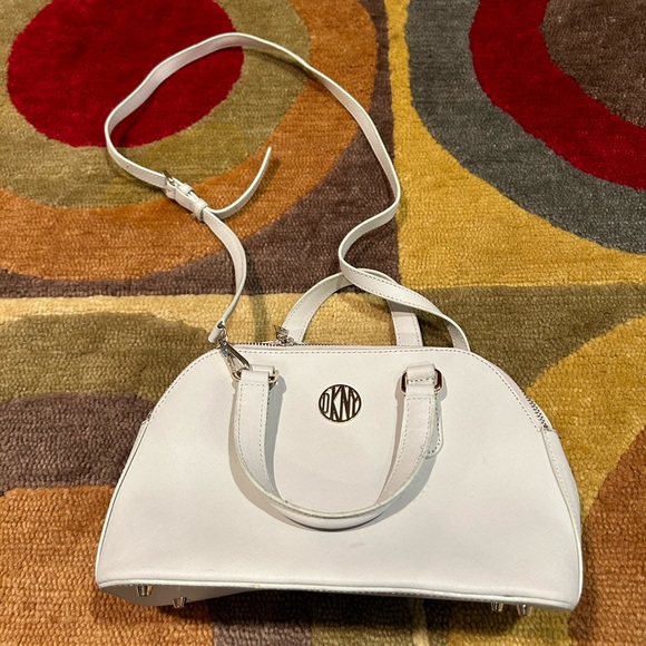 DKNY Light Grey Double Zipper Satchel Crossbody Handbag Purse 100% Cow Leather - Picture 1 of 8